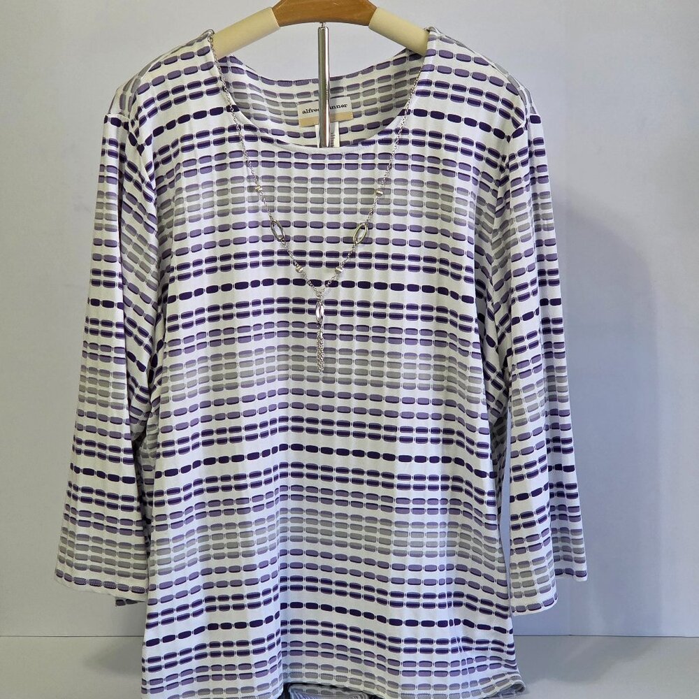 Alfred Dunner Purple Striped Scoop Neckline Top w/ Detachable Necklace, Size 3X